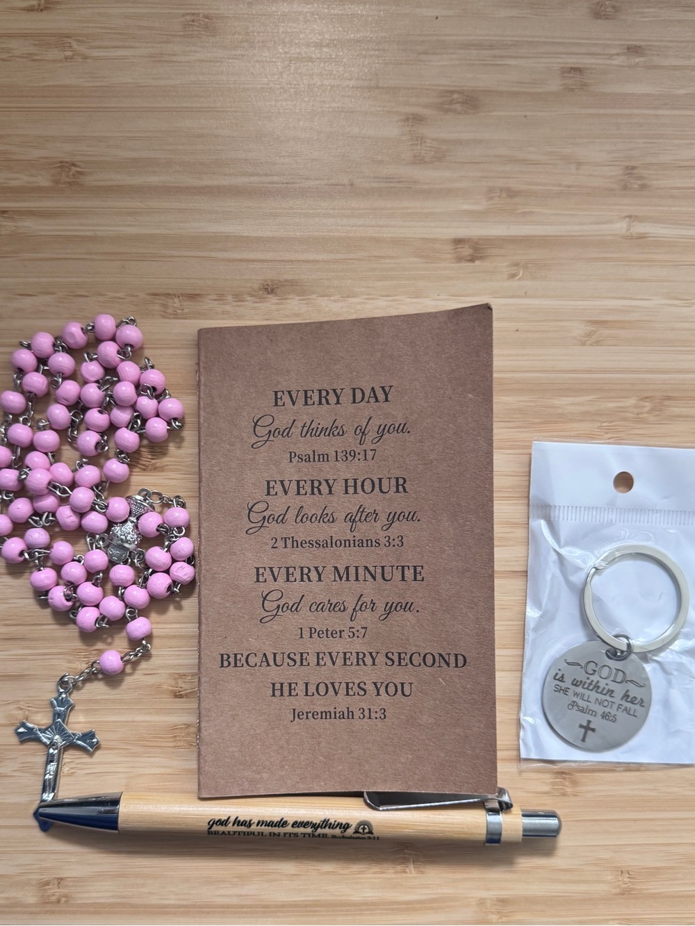 Faith Gift Set – Pink Rosary, Mini Notebook, Pen & Keychain